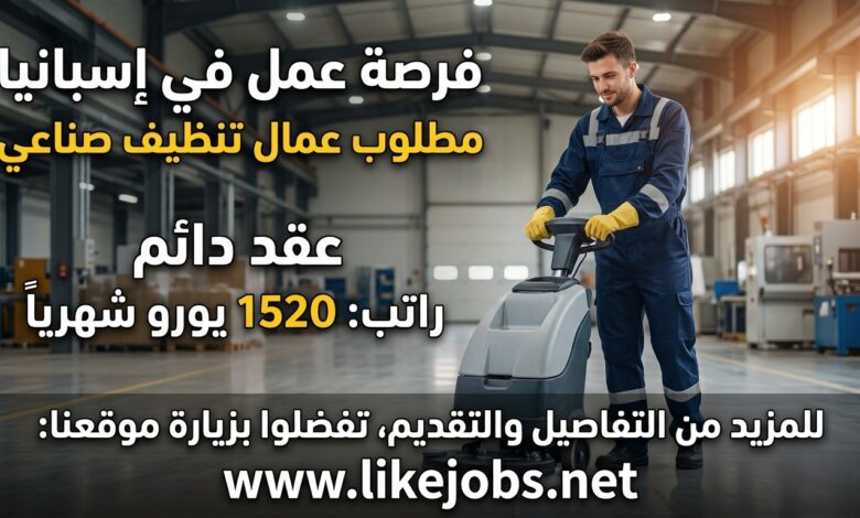 مطلوب عمال تنظيف صناعي للعمل في إسبانيا بعقد دائم وراتب 1520 يورو